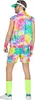 A man wearing a colorful tie-dye costume with a green visor and neon yellow leg warmers. Produktbild-Vorschau