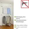 A telescopic wardrobe system with clothes hanging on it, set against a white wall and wooden floor. There is also a graphic indicating no drilling is required. Produktbild-Vorschau