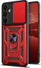 A red and black phone case with a ring holder is shown on a white background, with a phone screen visible in the background. Produktbild-Vorschau