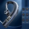 A close-up marketing image of a black Bluetooth earbud with a digital display, set against a dark blue gradient background with feature callouts. Voir les images du produit