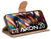 A flip-style phone case is open, displaying a smartphone with a colorful, abstract image on its screen. The case is made of brown material. Produktbild-Vorschau