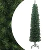A tall, slender artificial Christmas tree with a stand, shown against a white background. The left side of the image features a close-up of the tree's green needles. Podgląd zdjęcia produktu