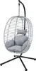 A gray hanging egg chair with a black metal stand and gray cushions, isolated on a white background.