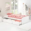 A bedroom with a white bed and drawers, a chest of drawers, and a window. Produktbild-Vorschau