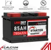 A product image of a car battery with marketing text and icons. Produktbild-Vorschau