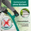 A person using an electric weed trimmer in a garden, with text highlighting ergonomic features and back-saving benefits. Anteprima dell’immagine prodotto