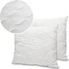 Two white pillows are shown on a white background, with a close-up inset of the fabric texture. Produktbild-Vorschau