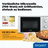 A microwave oven is shown next to popcorn and a pizza, with marketing text and awards. Produktbild-Vorschau