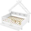 A white house-shaped bed frame with a slatted mattress base and two open drawers underneath, shown from a diagonal angle against a white background. Produktbild-Vorschau