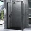 A modern black shower cabin with a rain shower head and handheld shower is shown in a bathroom with concrete walls and a large window overlooking a natural landscape. Produktbild-Vorschau