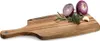 A wooden cutting board with a handle, featuring a red onion (one whole, one halved), a sprig of rosemary, a sprig of thyme, and a clove of garlic. Podgląd zdjęcia produktu