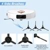 A collage showing a robot vacuum cleaner and its side brushes, with close-ups of the brushes and their features. Voir les images du produit