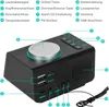 A product shot of a black digital alarm clock with various labels pointing to its features. Produktbild-Vorschau