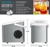 A collage of marketing materials for an ice cube maker, including product features, dimensions, and lifestyle images of drinks with ice. Podgląd zdjęcia produktu