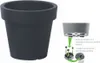 A dark gray planter pot is shown next to a diagram illustrating its wheeled base. Voir les images du produit