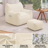 A collage of images showing a beige corduroy beanbag chair and ottoman, with close-ups of the fabric, zipper, and filling. Náhled obrázku produktu