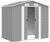 A grey metal garden shed with double doors and two vents on the front gable. Podgląd zdjęcia produktu