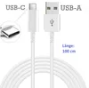 A white USB-C to USB-A charging and data cable is shown with close-up views of the connectors and text indicating its length. Produktbild-Vorschau