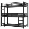 A black metal triple bunk bed with a ladder on the left side and a smaller ladder on the right side. Náhled obrázku produktu