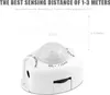 A close-up marketing image of a white motion sensor with text overlays and graphics indicating its features. Produktbild-Vorschau