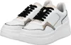 A pair of white women's sneakers with black laces and beige accents. Produktbild-Vorschau