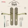 A product shot of door handles and installation hardware against a light, textured background with decorative elements. Produktbild-Vorschau