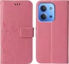 A pink flip phone case with a floral and butterfly embossed design is shown open, displaying the phone inside. Produktbild-Vorschau