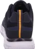 The back view of a blue athletic shoe with a yellow stripe on the heel tab. Produktbild-Vorschau