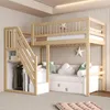 A children's loft bed with integrated storage and a pull-out sofa, set in a bedroom with decorative wall paneling and soft furnishings. Voir les images du produit