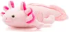 A pink plush axolotl toy is lying on a white background. Produktbild-Vorschau