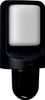 A black outdoor wall light with a camera attached to the bottom, set against a white background. Produktbild-Vorschau
