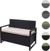 A black poly-rattan storage bench with a beige cushion, shown against a white background. Small circular swatches of different color options are displayed to the right of the bench. Voir les images du produit