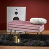 A pink upholstered bench with gold legs sits on a dark gray rug in front of a large framed artwork with black circles on a white background. A round gray cushion rests on the bench, and a glass lantern with two candles sits on the rug. Náhľad obrázku produktu