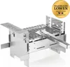 A stainless steel grill with tongs on top, set against a white background. A circular gold badge with German text is in the upper right corner. Produktbild-Vorschau