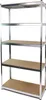 A metal shelving unit with wooden shelves against a white background.