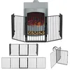 A fireplace screen protector is shown in front of an electric fireplace. The screen is made of metal bars and has multiple panels that can be folded. Below the main image, there are smaller images showing different configurations of the screen and a diagra Náhled obrázku produktu