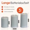 Three LED candles of different sizes are displayed with text highlighting features and dimensions. Anteprima dell’immagine prodotto