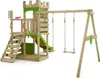A wooden playground set with a slide and swings, set against a white background. Anteprima dell’immagine prodotto