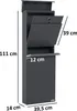 A dark gray, modern mailbox with dimensions indicated by white text and lines. Voir les images du produit