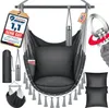 A hanging chair set with accessories, presented against a white background with marketing elements.