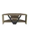 A corner TV stand with a wood grain finish and black metal accents. Anteprima dell’immagine prodotto