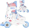 A pair of white, pink, and blue roller skates for children, with a smaller, separate image of another roller skate in the background. Produktbild-Vorschau