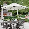 An outdoor patio scene with a dining set under a large umbrella, a fireplace, and landscaping. Produktbild-Vorschau