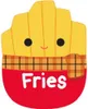 A cartoon illustration of a plush toy shaped like a box of french fries. Voir les images du produit
