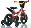 A red children's bicycle with training wheels against a white background. Podgląd zdjęcia produktu