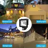 A collage of four images showing a floodlight with a motion sensor in different outdoor settings: a backyard, a wall, a garage, and an alley. Produktbild-Vorschau