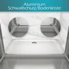 A close-up view of a shower tray and the bottom edge of a shower door, with inset circles highlighting the sealing mechanism. Produktbild-Vorschau