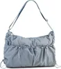 A light gray-blue handbag with drawstrings and a shoulder strap, presented against a white background. Produktbild-Vorschau