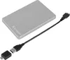 A silver external hard drive with a USB cable and adapter on a white background. Anteprima dell’immagine prodotto