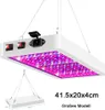 A white LED grow light suspended by wires against a white background. The light panel is illuminated with purple and red LEDs. A smaller diagram of the light is shown in the bottom left corner. Náhľad obrázku produktu
